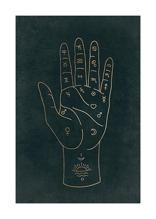  – Ilustración de diseño gráfico con una palma con signos de astrología.