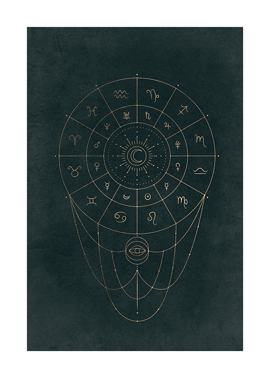  – Ilustración de diseño gráfico con un círculo dorado con los signos astrológicos del zodíaco dentro.