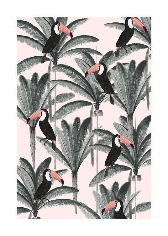  – Ilustración de estilo vintage con tucanes y cocoteros, fondo rosa claro. 
