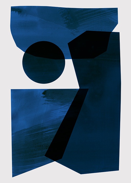  – Ilustración de diseño gráfico con figuras abstractas grandes y un círculo en azul y con un fondo beis claro.