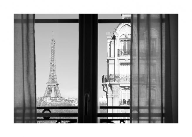  – Fotografía en blanco y negro de la Torre Eiffel y un edificio vistos desde una ventana.
