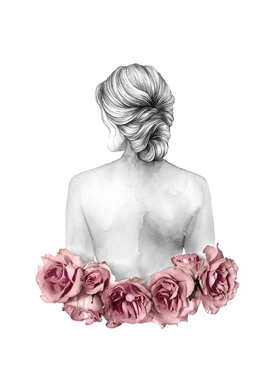 – Esbozo de mujer con cabello recogido y rosas rosas en la cintura.