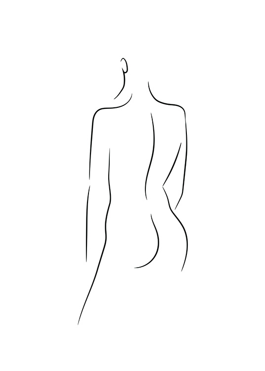  – Arte de línea en negro con el motivo de una mujer desnuda vista por detrás, fondo blanco.