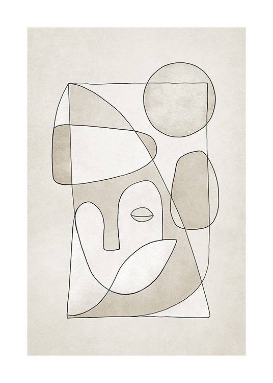  – Póster de diseño gráfico con el bosquejo abstracto de formas y un rostro en negro sobre un fondo beis.
