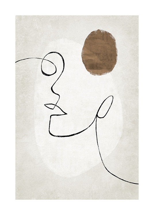  – Ilustración de un rostro abstracto realizado en arte de línea, con formas en beis y gris claro y fondo beis 