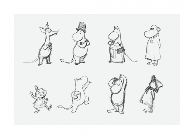  – Póster vertical con los esbozos en gris de los personajes principales de los Moomin sobre un fondo gris claro.