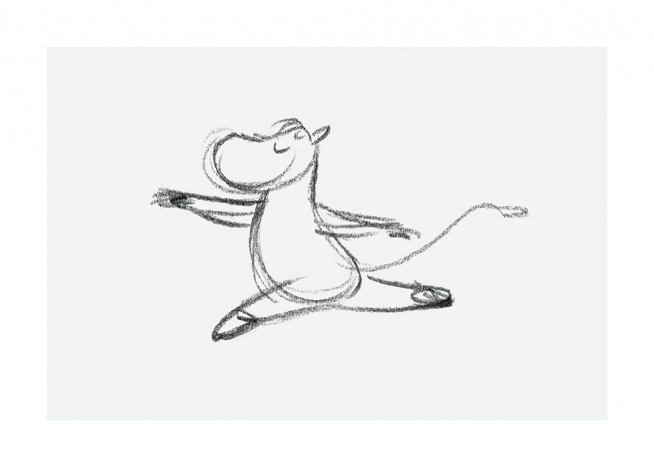  – Póster con un esbozo de Esnorquita, uno de los personajes de los Moomin, haciendo un elegante salto.