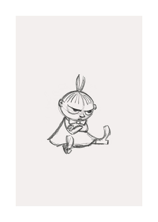  – Esbozo de Pequeñita, uno de los personajes de los Moomin, con los brazos cruzados delante del pecho y una expresión facial gruñona.