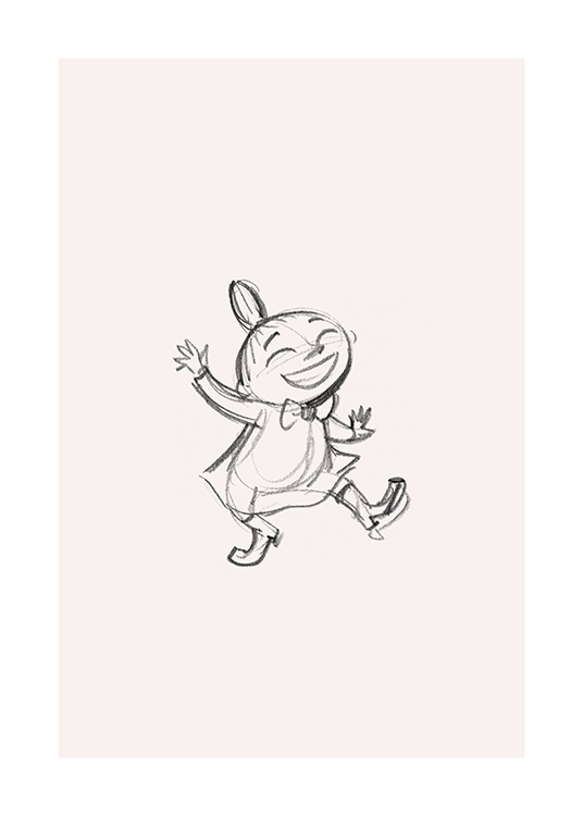  – Esbozo de una sonriente Pequeñita, uno de los personajes de Moomin, bailando. Realizado en la técnica de grafito.