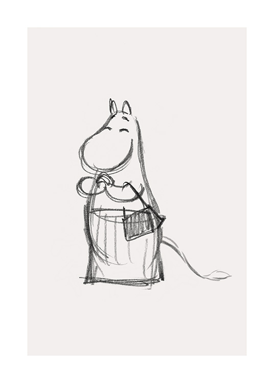  – Esbozo en lápiz de grafito con el bosquejo de Mapá Moomin sonriente, uno de los personajes de los Moomin. Fondo beis claro.