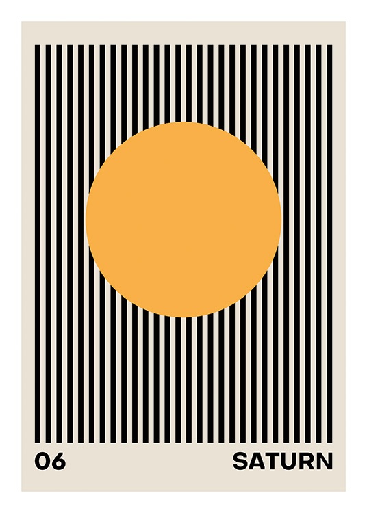  – Ilustración de diseño gráfico con el dibujo de un círculo anaranjado en el centro y un fondo beis con rayas negras.