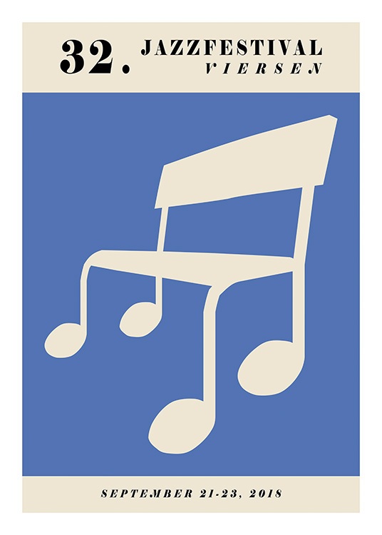  – Ilustración de diseño gráfico connotas musicales que forman un banco color beis claro, fondo azul.