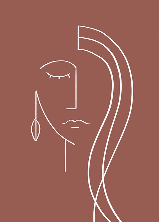  - Ilustración de un rostro abstracto dibujado en blanco sobre una base color rojo oscuro.
