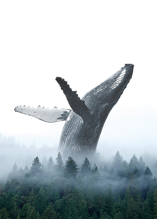  - Fotografía artística de una ballena jorobada en posición de pleno salto ubicada en un bosque con neblina.
