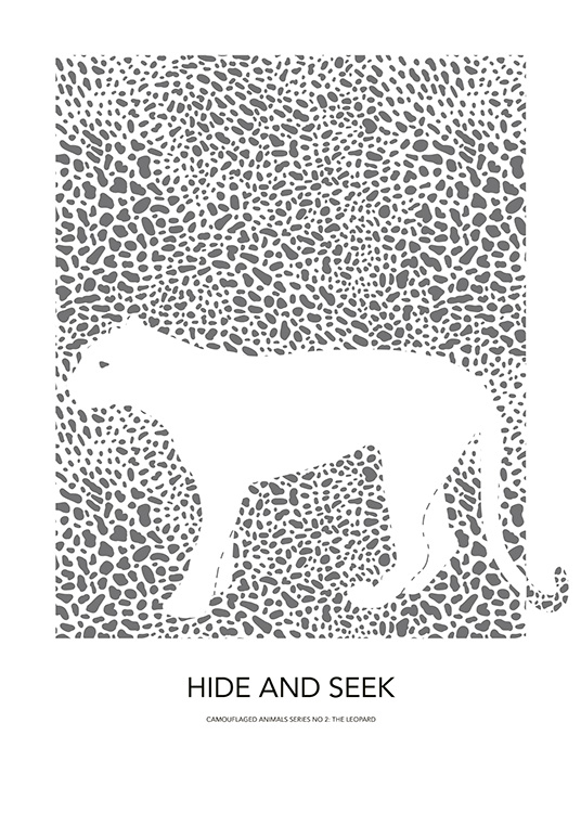  - Dibujo de diseño gráfico con la silueta de un leopardo blanco y fondo con patrón color gris.