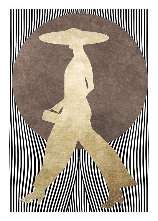  - Póster de diseño gráfico con la imagen de una mujer en dorado, un círculo marrón detrás y fondo a rayas en blanco y negro.
