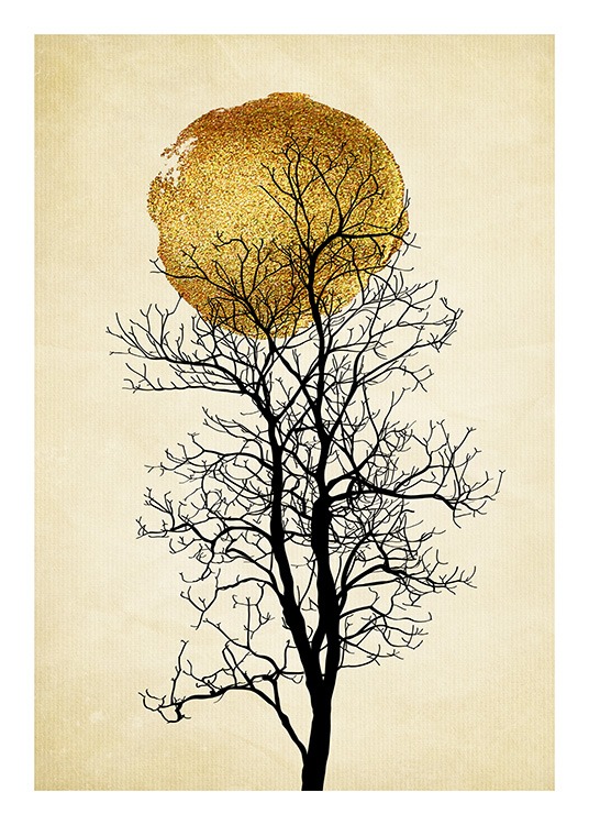  - Póster de diseño gráfico con la imagen de un árbol negro, un sol dorado y fondo beis a rayas.