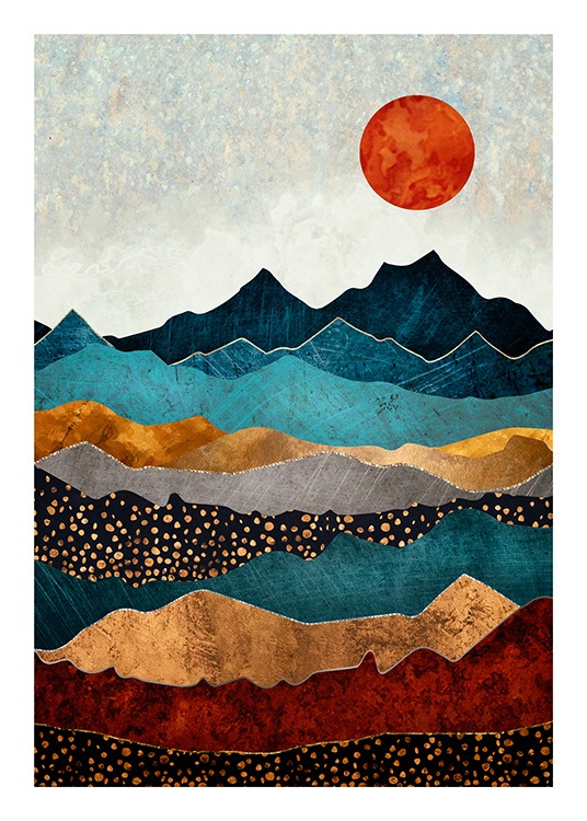  - Póster de diseño gráfico con la imagen de un paisaje rocoso en tonos de rojo, azul y dorado, y un sol rojo al fondo.
