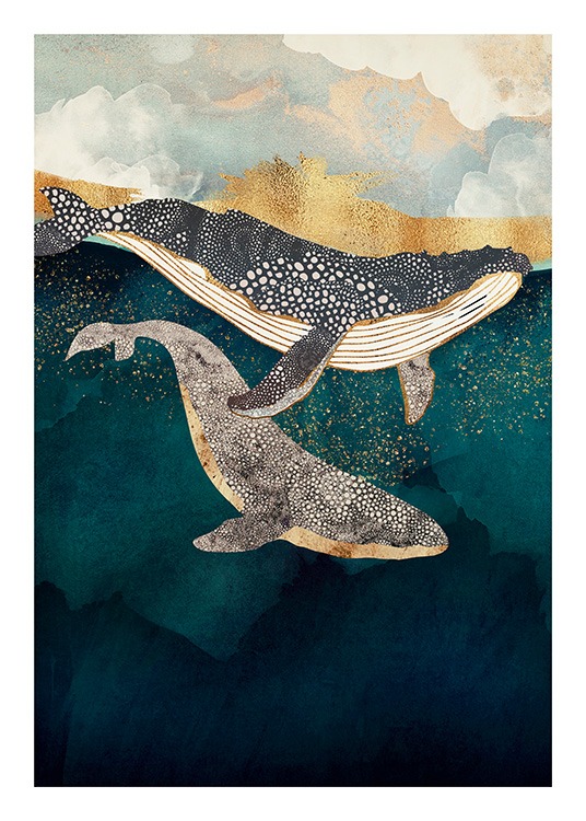  - Póster de diseño gráfico con la imagen de dos ballenas en el océano, y un cielo blanco y dorado de fondo.