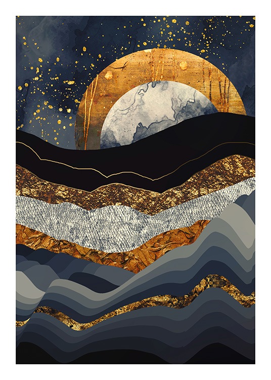  - Póster de diseño gráfico con el dibujo de un paisaje montañoso en color azul con una luna en dorado al fondo.