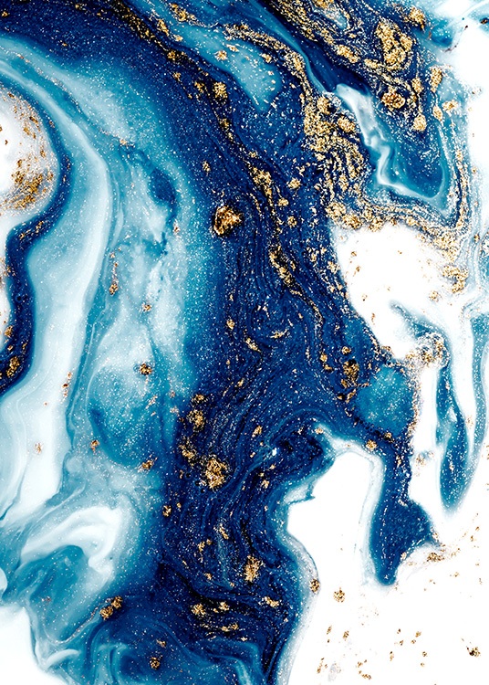  - Pintura abstracta en óleo con remolinos en azul, blanco y detalles en dorado.