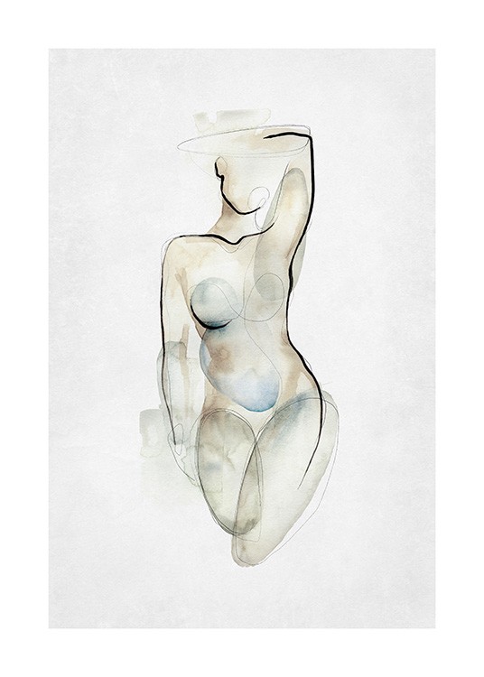  – Pintura en acuarela de la figura de un cuerpo desnudo en tonos de beis, azul y gris