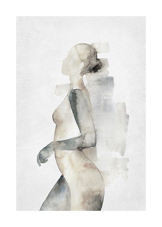  – Pintura en acuarela del perfil desnudo de una mujer en tonos de beis y gris