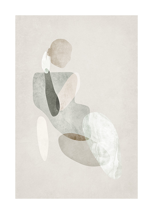  – Acuarela con el dibujo abstracto de un cuerpo abstracto en blanco, verde y beis
