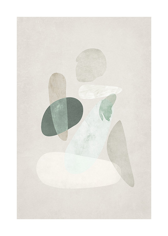  – Acuarela con figuras abstractas en verde y beis que forman un cuerpo, sobre un fondo beis