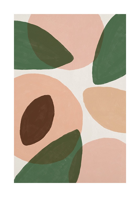  – Ilustración de unos melocotones con hojas verdes y fondo gris claro