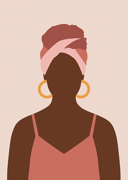  – Ilustración gráfica de una mujer con un pañuelo, pendientes de arete y una camiseta de tirantes color rosa