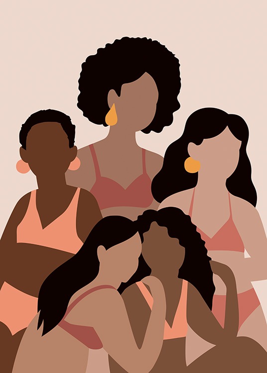  – Ilustración de diseño gráfico con un grupo de mujeres con bikinis en colores rosa y beis