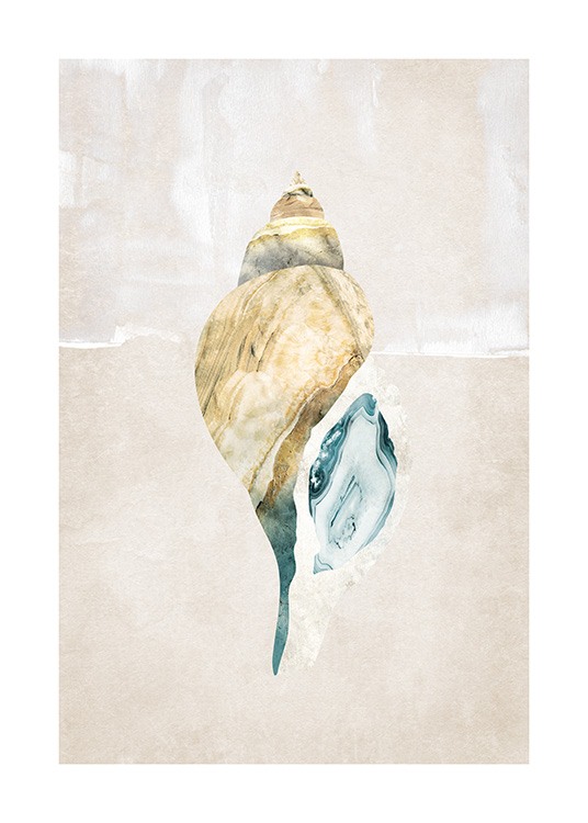  – Ilustración de diseño gráfico con el motivo de una concha marina en dorado, detalles en azul y fondo beis