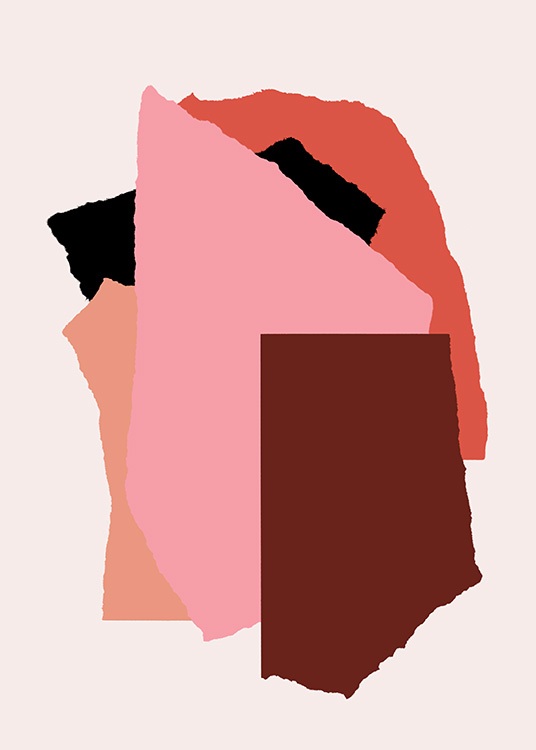  – Ilustración gráfica con figuras abstractas en rojo, rosa y negro, superpuestas sobre un fondo beis claro