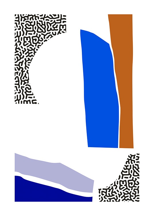  – Ilustración gráfica con figuras abstractas en azul, marrón, negro y blanco
