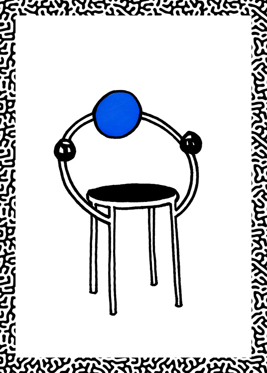  – Ilustración gráfica de una silla con un respaldo en forma de semicírculo y un círculo azul y un patrón que enmarca el diseño