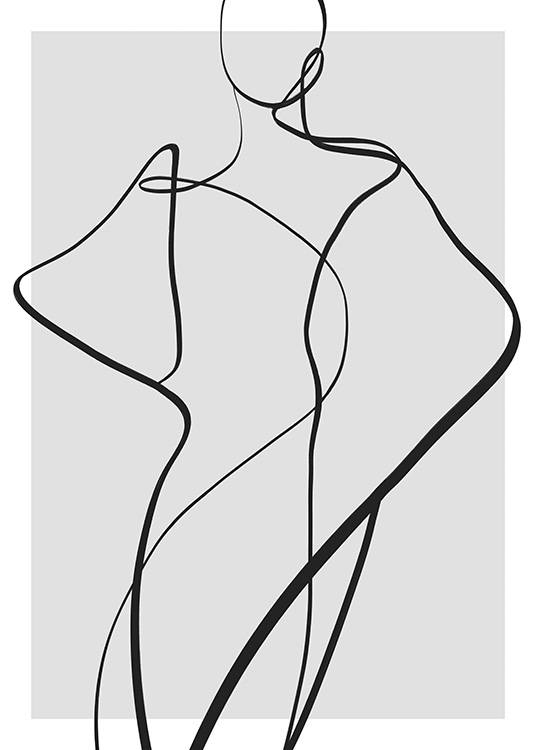  – Ilustración de arte de línea con un cuerpo trazado en negro sobre fondo gris