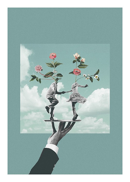  – Fotografía de estilo gráfico con una mano que sostiene un plato con dos personas con cabezas de flores bailando y nubes de fondo