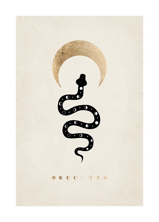  – Ilustración de diseño gráfico con una serpiente con una media luna arriba de la cabeza y las fases de la luna debajo.