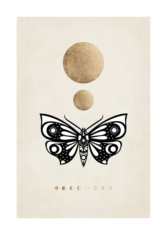  – Ilustración de diseño gráfico con una mariposa nocturna en blanco y negro, dos círculos dorados y las fases de la luna en dorado.