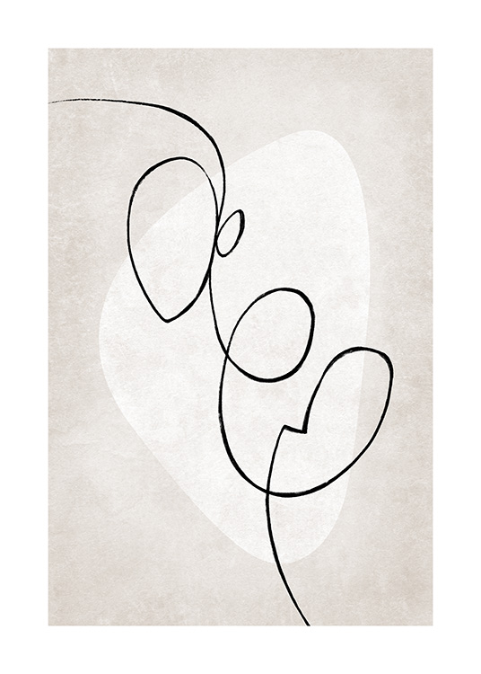  – Ilustración de diseño gráfico con un garabato negro sobre una figura abstracta en color gris claro y fondo beis.