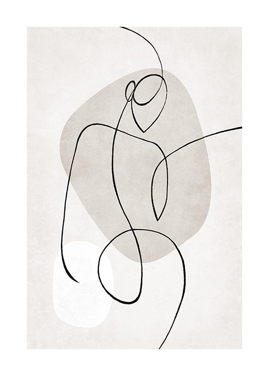  – Ilustración realizada en arte de línea abstracto con la figura de un cuerpo abstracto en negro, fondo beis claro y figuras abstractas en blanco y beis.