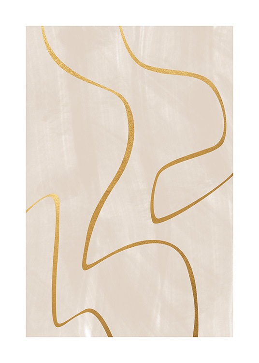  – Ilustración de diseño gráfico con tres líneas curvas en dorado (realizadas con pan de oro), y fondo beis con estructura en el color. 