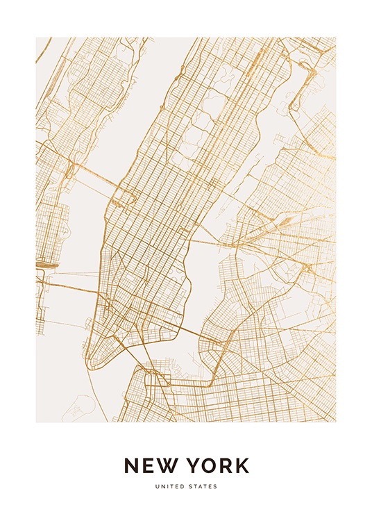 – Mapa de la ciudad de Nueva York en dorado, con texto y fondo blanco.
