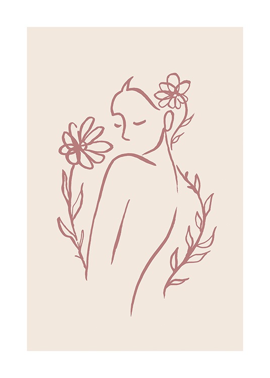  – Ilustración en arte de línea con el motivo de una mujer rodeada de flores en tono rosa viejo y con un fondo beis.