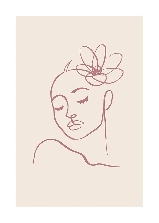  – Ilustración en arte de línea colro rosado con el rostro de una mujer con los ojos cerrados y una flor grande en el cabello, fondo beis.