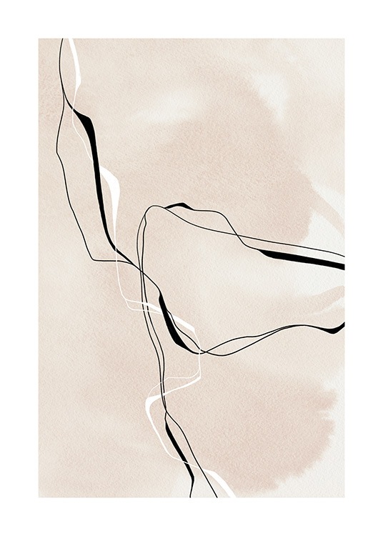  – Abstracción con líneas blancas y negras superpuestas sobre un fondo beis.