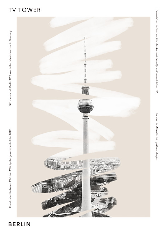  – Póster de diseño gráfico con la Torre de Televisión de Berlín sobre un fondo beis, un detalle de trazos blancos y desparejos, y algunas palabras en el marco blanco que encuadra la imagen.