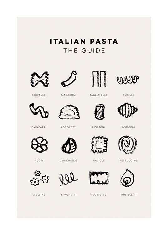  – Ilustración de diferentes tipos de pasta con sus respectivos nombres y un título que dice “Italian pasta The guide”, fondo beis claro.