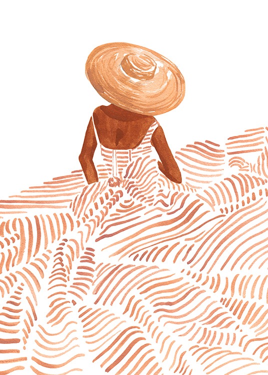  – Ilustración en acuarela con el dibujo de una mujer que lleva un vestido de verano a rayas anaranjadas y un sombrero de sol.
